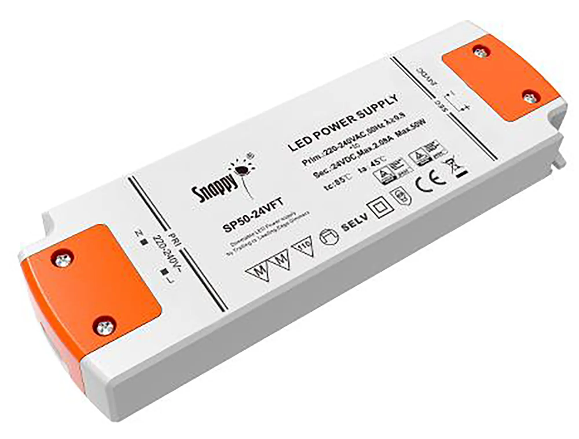 SP50-24VFT  50W Constant Voltage Triac-Dimmable LED Driver 24VDC  0.8-2.08A  IP20.